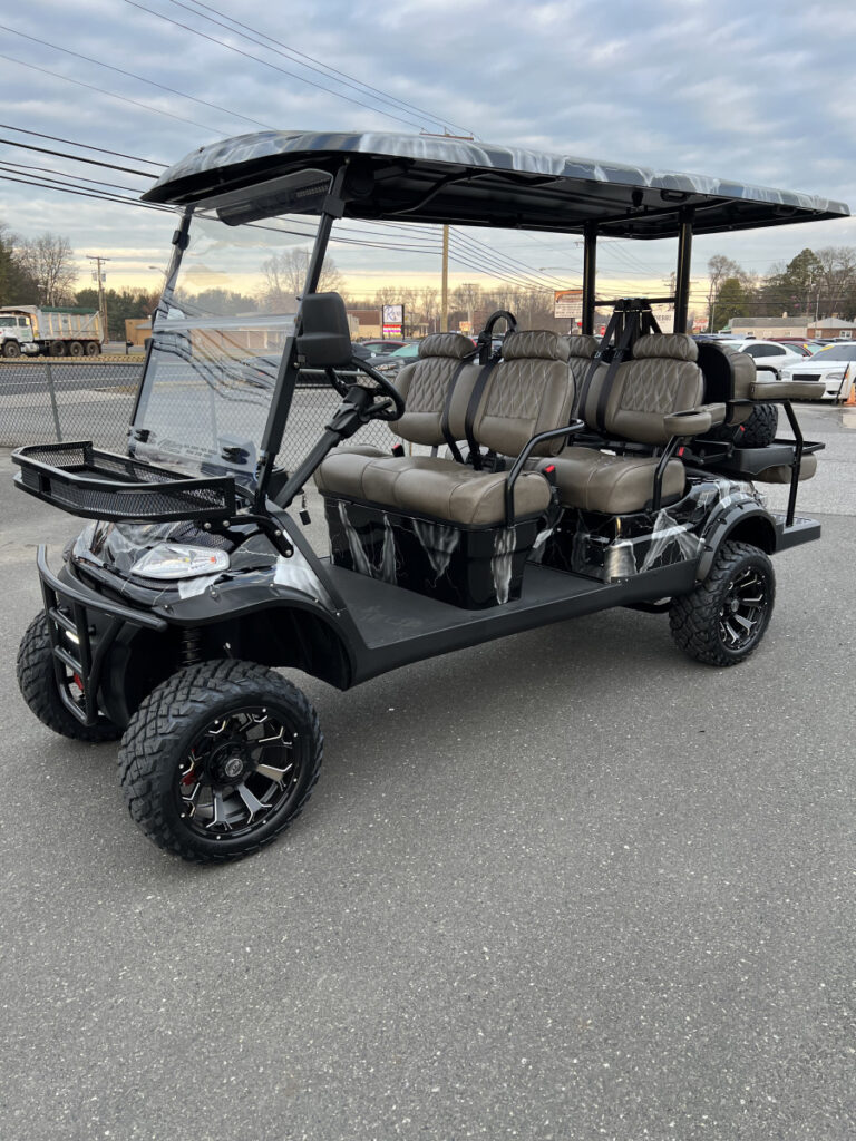 Custom lifted 6 seat golf cart built by Mike's Golf Carts